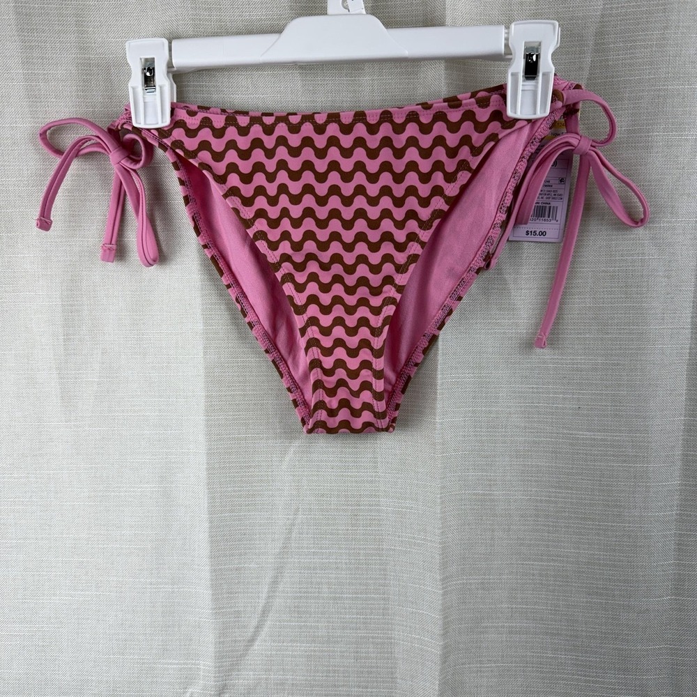Wild Fable Bikini Bottom Womens M Pink Wavy Print Tie Side High Leg Cheeky NWT
